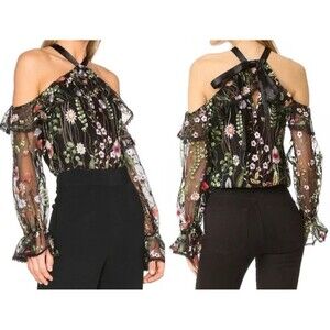 Persun Size M Black Mesh Long Sleeve Blouse Floral Embroidery Cotton Blend Lined